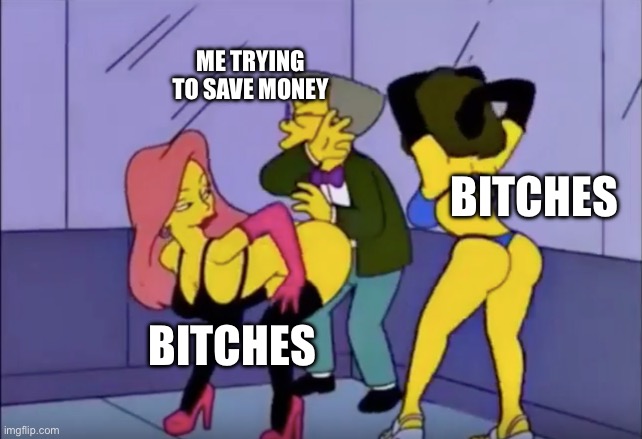 Bitches | ME TRYING TO SAVE MONEY; BITCHES; BITCHES | image tagged in smithers vs strippers | made w/ Imgflip meme maker