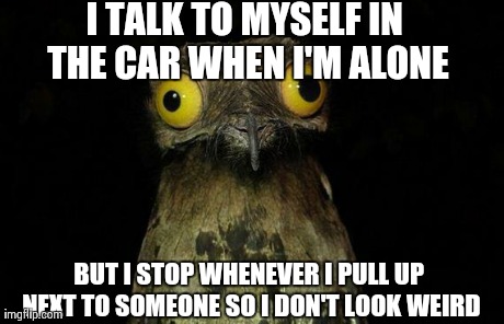 Weird Stuff I Do Potoo Meme | I TALK TO MYSELF IN THE CAR WHEN I'M ALONE BUT I STOP WHENEVER I PULL UP NEXT TO SOMEONE SO I DON'T LOOK WEIRD | image tagged in memes,weird stuff i do potoo,AdviceAnimals | made w/ Imgflip meme maker