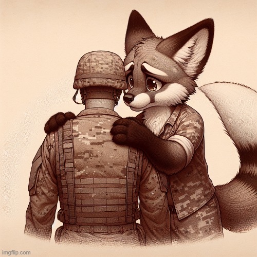 random AI-Art I made in ImgFlip AI because, why tf not!? | image tagged in soldier,cartoon,furry,sad,comforting,movie | made w/ Imgflip meme maker