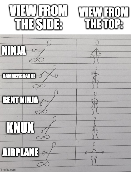 take ur pick! | VIEW FROM THE TOP:; VIEW FROM THE SIDE:; NINJA; HAMMERGUARDE; BENT NINJA; KNUX; AIRPLANE | image tagged in oc running positions | made w/ Imgflip meme maker