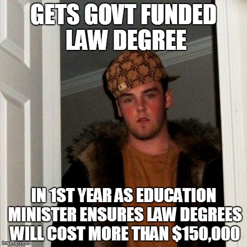 Scumbag Steve Meme | GETS GOVT FUNDED LAW DEGREE IN 1ST YEAR AS EDUCATION MINISTER ENSURES LAW DEGREES WILL COST MORE THAN $150,000 | image tagged in memes,scumbag steve | made w/ Imgflip meme maker