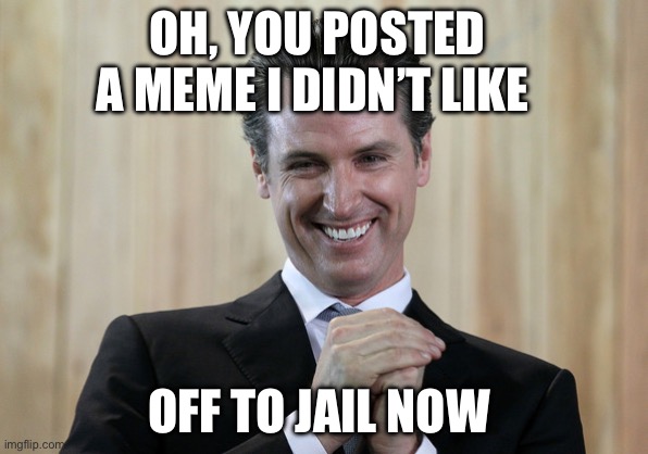 Gavin | OH, YOU POSTED A MEME I DIDN’T LIKE; OFF TO JAIL NOW | image tagged in scheming gavin newsom,memes,politics,political meme,democrats | made w/ Imgflip meme maker