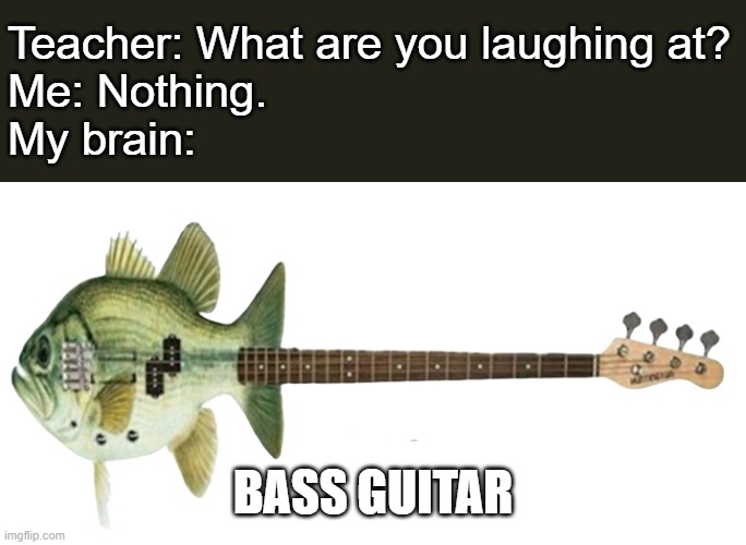 Something seems fishy here...I'd rather tuna piano. | Teacher: What are you laughing at?
Me: Nothing.
My brain:; BASS GUITAR | image tagged in memes,teacher what are you laughing at,bass,guitar,fish,funny | made w/ Imgflip meme maker