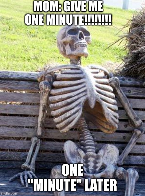 Waiting Skeleton | MOM: GIVE ME ONE MINUTE!!!!!!!! ONE ''MINUTE'' LATER | image tagged in memes,waiting skeleton | made w/ Imgflip meme maker