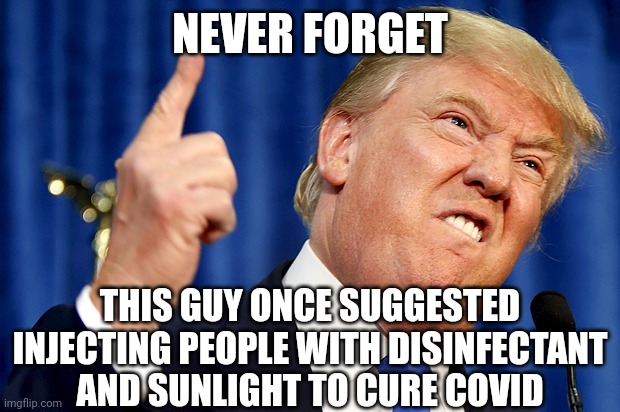 Donald Trump | NEVER FORGET; THIS GUY ONCE SUGGESTED INJECTING PEOPLE WITH DISINFECTANT AND SUNLIGHT TO CURE COVID | image tagged in donald trump | made w/ Imgflip meme maker