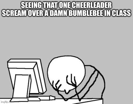 bro...shut the f*** up, its only 1AM | SEEING THAT ONE CHEERLEADER SCREAM OVER A DAMN BUMBLEBEE IN CLASS | image tagged in memes,computer guy facepalm | made w/ Imgflip meme maker