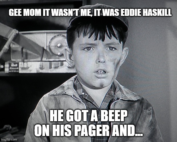 Eddie Haskell gets paged. | GEE MOM IT WASN'T ME, IT WAS EDDIE HASKILL; HE GOT A BEEP ON HIS PAGER AND... | made w/ Imgflip meme maker