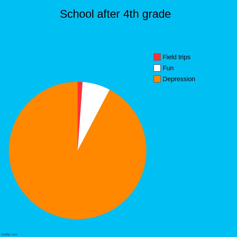 true | School after 4th grade  | Depression , Fun, Field trips | image tagged in charts,pie charts | made w/ Imgflip chart maker