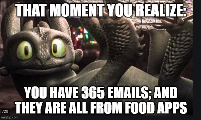 The moment you realize... | THAT MOMENT YOU REALIZE:; YOU HAVE 365 EMAILS; AND THEY ARE ALL FROM FOOD APPS | image tagged in toothless | made w/ Imgflip meme maker