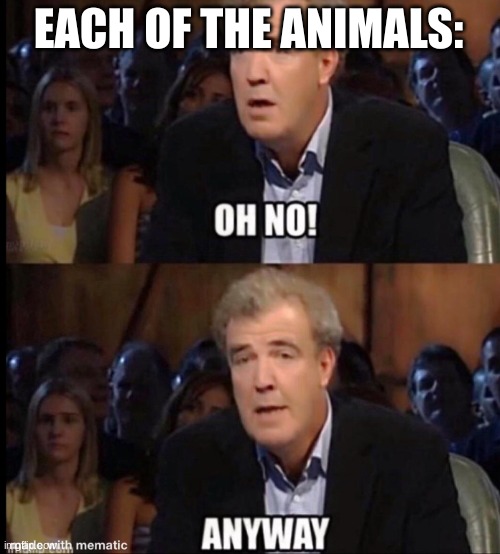 Oh no anyway | EACH OF THE ANIMALS: | image tagged in oh no anyway | made w/ Imgflip meme maker