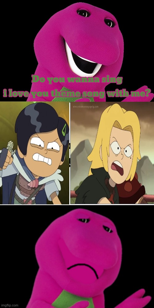 Sasha and Marcy say no to Barney the Dinosaur | image tagged in who says no to barney,amphibia,barney the dinosaur | made w/ Imgflip meme maker