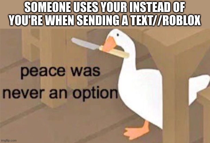 ITS YOU'RE GET IT RIGHT | SOMEONE USES YOUR INSTEAD OF YOU'RE WHEN SENDING A TEXT//ROBLOX | image tagged in untitled goose peace was never an option | made w/ Imgflip meme maker