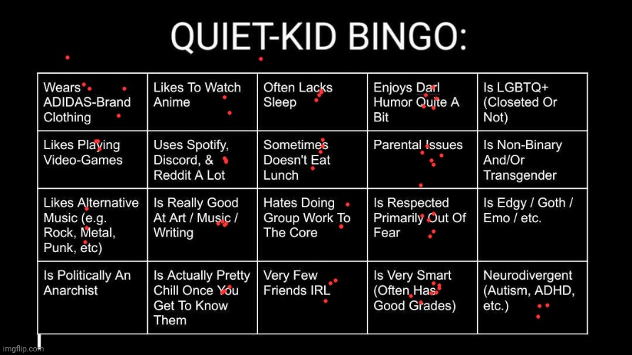 Quiet Kid Bingo | image tagged in quiet kid bingo | made w/ Imgflip meme maker