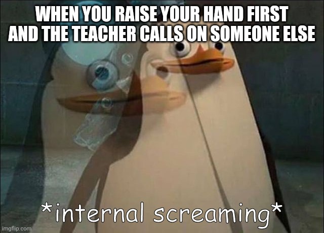 schoolll | WHEN YOU RAISE YOUR HAND FIRST AND THE TEACHER CALLS ON SOMEONE ELSE | image tagged in private internal screaming | made w/ Imgflip meme maker