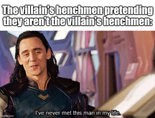 I Have Never Met This Man In My Life | The villain's henchmen pretending they aren't the villain's henchmen: | image tagged in i have never met this man in my life | made w/ Imgflip meme maker