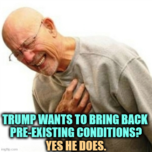 A bad concept for a worse plan. | TRUMP WANTS TO BRING BACK 
PRE-EXISTING CONDITIONS? YES HE DOES. | image tagged in memes,right in the childhood,pre existing conditions,trump,health insurance,destroy | made w/ Imgflip meme maker