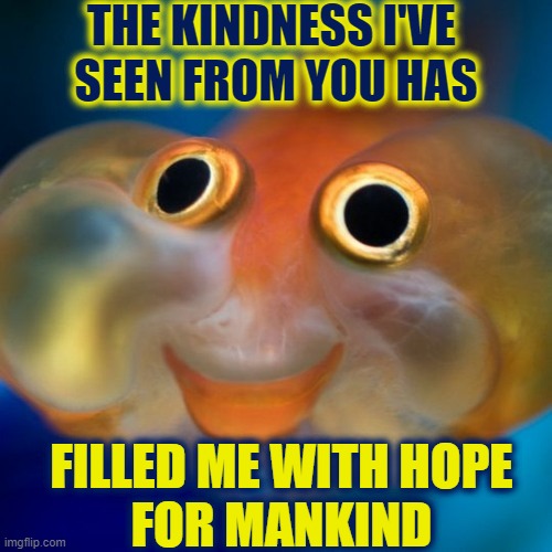 Hello, my fellow creature!  I am the Goldfish of Abundance... | THE KINDNESS I'VE 
SEEN FROM YOU HAS; FILLED ME WITH HOPE
FOR MANKIND | image tagged in vince vance,goldfish,memes,kindness,hope,mankind | made w/ Imgflip meme maker