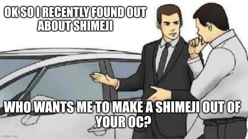 put image of oc in comments and their name | OK SO I RECENTLY FOUND OUT
ABOUT SHIMEJI; WHO WANTS ME TO MAKE A SHIMEJI OUT OF 
YOUR OC? | image tagged in memes,car salesman slaps roof of car | made w/ Imgflip meme maker