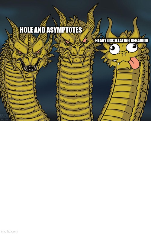 Calculus | HOLE AND ASYMPTOTES; HEAVY OSCILLATING BEHAVIOR | image tagged in three-headed dragon | made w/ Imgflip meme maker