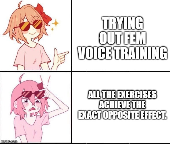trans girl drake happy disgust | TRYING OUT FEM VOICE TRAINING; ALL THE EXERCISES ACHIEVE THE EXACT OPPOSITE EFFECT. | image tagged in trans girl drake happy disgust | made w/ Imgflip meme maker