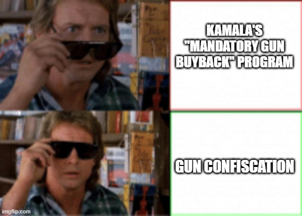 They live sunglasses | KAMALA'S "MANDATORY GUN BUYBACK" PROGRAM; GUN CONFISCATION | image tagged in they live sunglasses | made w/ Imgflip meme maker