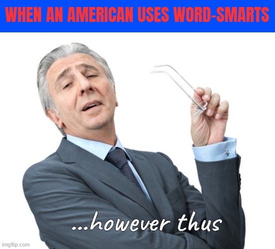 snobbysir | WHEN AN AMERICAN USES WORD-SMARTS; ...however thus | image tagged in snobbysir,americans,funny | made w/ Imgflip meme maker