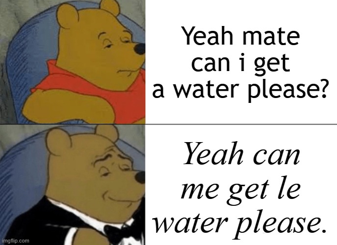 normal vs rich | Yeah mate can i get a water please? Yeah can me get le water please. | image tagged in memes,tuxedo winnie the pooh | made w/ Imgflip meme maker