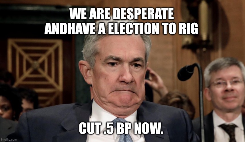 Election Year | WE ARE DESPERATE AND HAVE A ELECTION TO RIG; CUT .5 BP NOW. | image tagged in jerome powell aka jay painwell,politics,political meme,election,donald trump,federal reserve | made w/ Imgflip meme maker