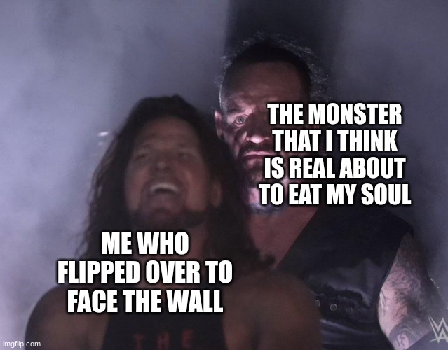 Then you turn back around and he already retreated into the shadow realm. | THE MONSTER THAT I THINK IS REAL ABOUT TO EAT MY SOUL; ME WHO FLIPPED OVER TO FACE THE WALL | image tagged in undertaker,funny,relatable | made w/ Imgflip meme maker