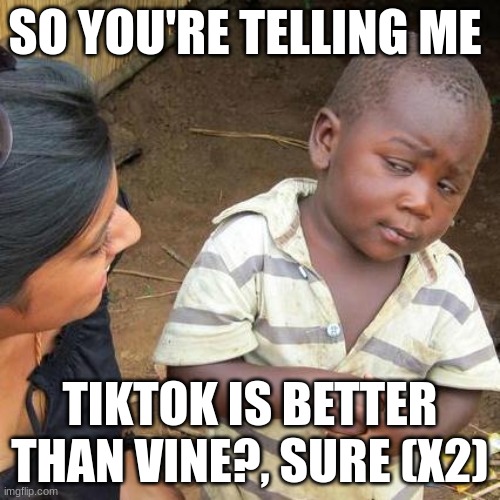 unconvinced 100 | SO YOU'RE TELLING ME; TIKTOK IS BETTER THAN VINE?, SURE (X2) | image tagged in memes,third world skeptical kid,vine | made w/ Imgflip meme maker