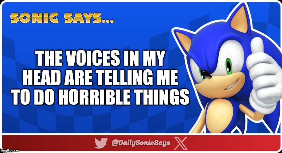 Sonic Says #43 | THE VOICES IN MY HEAD ARE TELLING ME TO DO HORRIBLE THINGS | image tagged in sonic says v3 | made w/ Imgflip meme maker