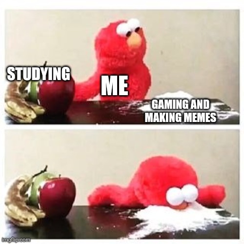 i wanna game | STUDYING; ME; GAMING AND MAKING MEMES | image tagged in elmo cocaine | made w/ Imgflip meme maker