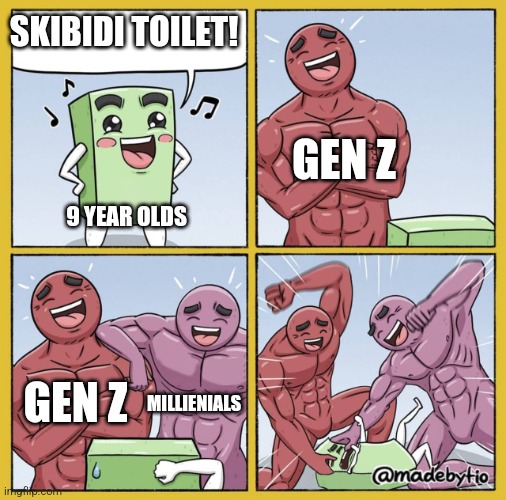 everyone in 2024 be like: | SKIBIDI TOILET! GEN Z; 9 YEAR OLDS; GEN Z; MILLIENIALS | image tagged in guy getting beat up | made w/ Imgflip meme maker