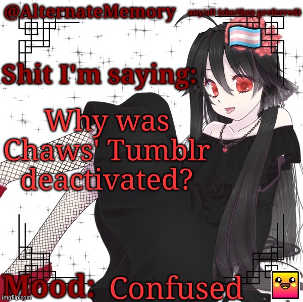 I found out just now, I don't know what happened | Why was Chaws' Tumblr deactivated? Confused | image tagged in alternatememory's second picrew announcement template | made w/ Imgflip meme maker