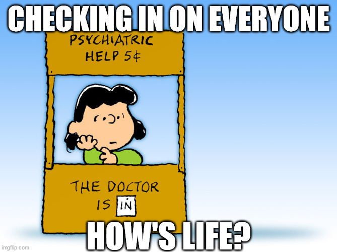 It ain't much but it's honest work | CHECKING IN ON EVERYONE; HOW'S LIFE? | image tagged in lucy peanuts - the doctor is in psychiatric help | made w/ Imgflip meme maker