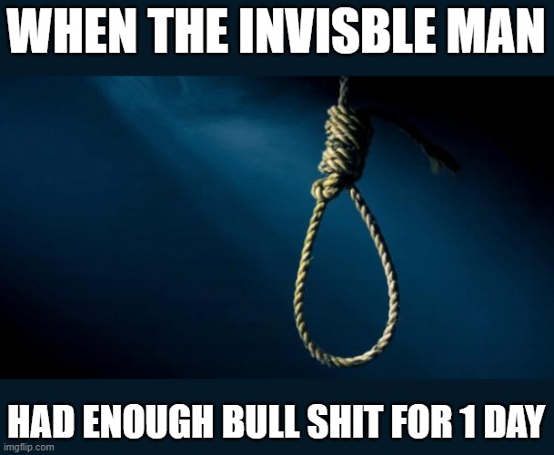 Noose | WHEN THE INVISBLE MAN; HAD ENOUGH BULL SHIT FOR 1 DAY | image tagged in noose | made w/ Imgflip meme maker