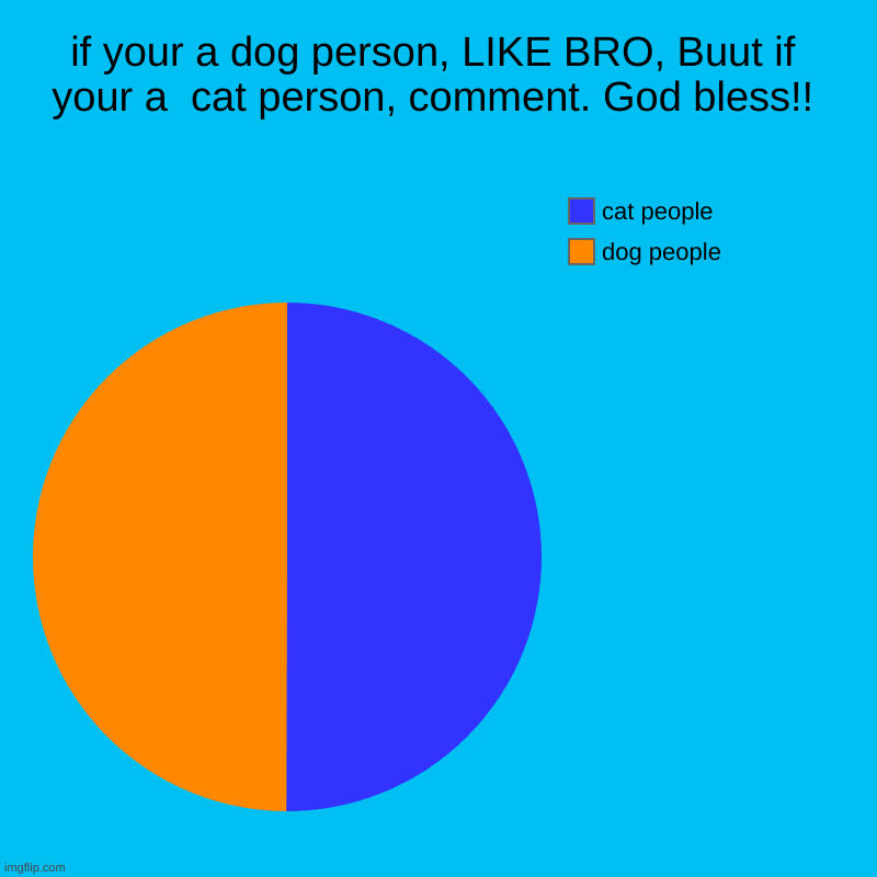 if your a dog person, LIKE BRO, Buut if your a  cat person, comment. God bless!! | dog people , cat people | image tagged in charts,pie charts | made w/ Imgflip chart maker