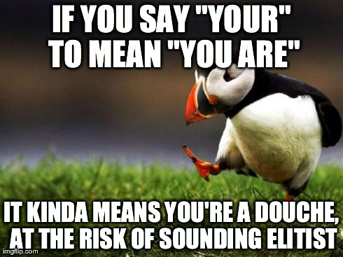 Unpopular Opinion Puffin | IF YOU SAY "YOUR" TO MEAN "YOU ARE" IT KINDA MEANS YOU'RE A DOUCHE, AT THE RISK OF SOUNDING ELITIST | image tagged in memes,unpopular opinion puffin | made w/ Imgflip meme maker