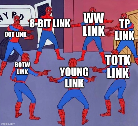 7 Spider-Men Pointing Meme | WW LINK; TP LINK; OOT LINK; 8-BIT LINK; TOTK LINK; BOTW LINK; YOUNG LINK | image tagged in 7 spider-men pointing meme | made w/ Imgflip meme maker