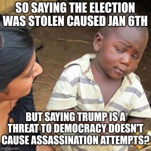 2nd shooter repeated Democrats Linea such as "democracy is on the ballot. We cannot lose" | SO SAYING THE ELECTION WAS STOLEN CAUSED JAN 6TH; BUT SAYING TRUMP IS A THREAT TO DEMOCRACY DOESN'T CAUSE ASSASSINATION ATTEMPTS? | image tagged in memes,third world skeptical kid,democrats,trump,kamala harris | made w/ Imgflip meme maker