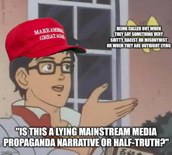 Conservatives like to gaslight and even lie to themselves believing they never said anything shitty they are called out for | BEING CALLED OUT WHEN THEY SAY SOMETHING VERY SHITTY, RACIST OR MISOGYNIST OR WHEN THEY ARE OUTRIGHT LYING; "IS THIS A LYING MAINSTREAM MEDIA PROPAGANDA NARRATIVE OR HALF-TRUTH?" | image tagged in memes,is this a pigeon,conservative hypocrisy,conservative logic,donald trump,jd vance | made w/ Imgflip meme maker