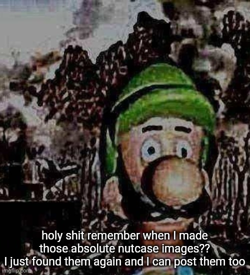 bro that shit was 5 months ago that's crazy | holy shit remember when I made those absolute nutcase images??
I just found them again and I can post them too | image tagged in luigi yard stare | made w/ Imgflip meme maker