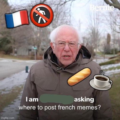 Where can I post non-English or French memes? | 🇫🇷🚷; 🥖☕️; where to post french memes? | image tagged in memes,bernie i am once again asking for your support,france,french | made w/ Imgflip meme maker