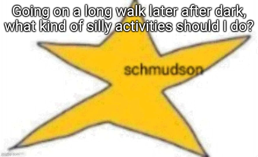 schmudson star | Going on a long walk later after dark, what kind of silly activities should I do? | image tagged in schmudson star | made w/ Imgflip meme maker