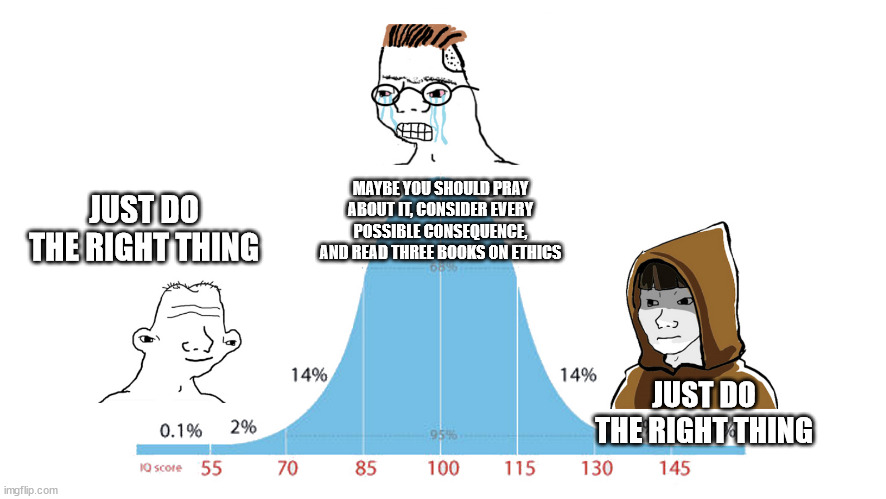 Midwit memes | MAYBE YOU SHOULD PRAY ABOUT IT, CONSIDER EVERY POSSIBLE CONSEQUENCE, AND READ THREE BOOKS ON ETHICS; JUST DO THE RIGHT THING; JUST DO THE RIGHT THING | image tagged in midwit memes | made w/ Imgflip meme maker
