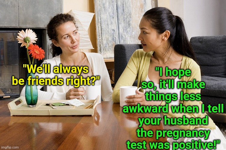 They say a married woman's biggest threat are her single friends. What do you think? | "I hope so, it'll make things less awkward when I tell your husband the pregnancy test was positive!"; "We'll always be friends right?" | image tagged in women talking over coffee,modern problems require modern solutions,real life,friendship,marriage,whoops | made w/ Imgflip meme maker