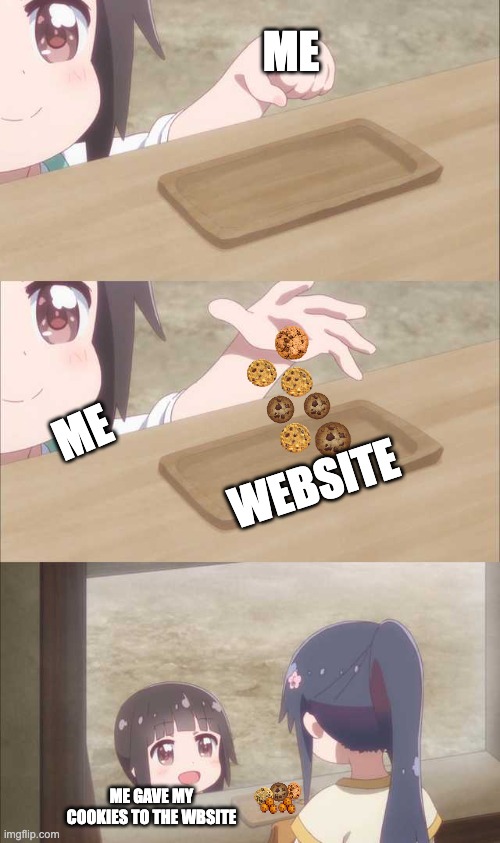 i know what cookies are in websites | ME; ME; WEBSITE; ME GAVE MY COOKIES TO THE WBSITE | image tagged in anime girl buying,funny,memes,relatable,cookies,website | made w/ Imgflip meme maker