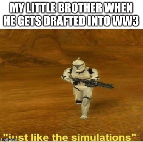 Bro is too obsessed with Fortnite | MY LITTLE BROTHER WHEN HE GETS DRAFTED INTO WW3 | image tagged in just like the simulations,little brother,ww3,fortnite | made w/ Imgflip meme maker