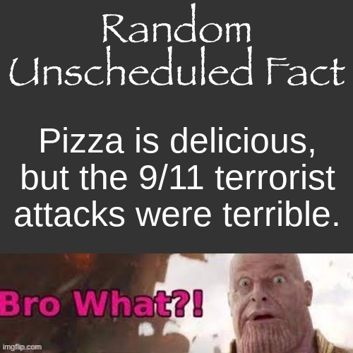 Random Unscheduled Fact | Pizza is delicious, but the 9/11 terrorist attacks were terrible. | image tagged in random unscheduled fact | made w/ Imgflip meme maker