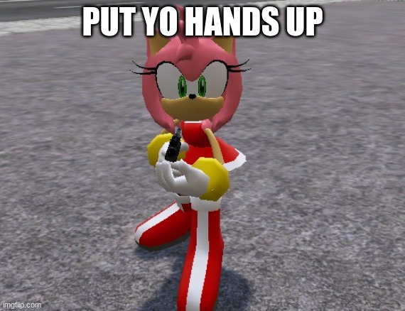 Amy Rose with a shotgun | PUT YO HANDS UP | image tagged in amy rose with a shotgun | made w/ Imgflip meme maker